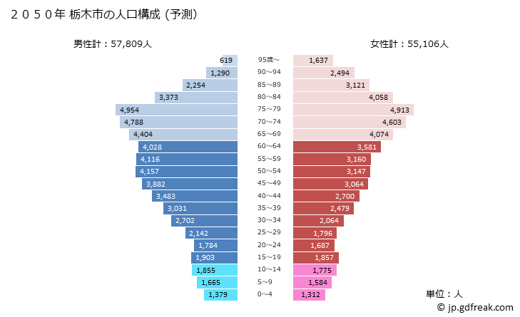 グラフ 栃木市(ﾄﾁｷﾞｼ 栃木県)の人口と世帯 2050年の人口ピラミッド（予測）
