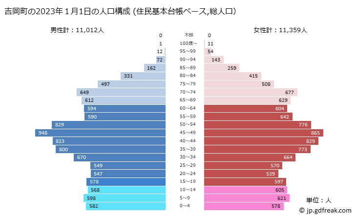 グラフ 吉岡町(ﾖｼｵｶﾏﾁ 群馬県)の人口と世帯 2023年の人口ピラミッド（住民基本台帳ベース）