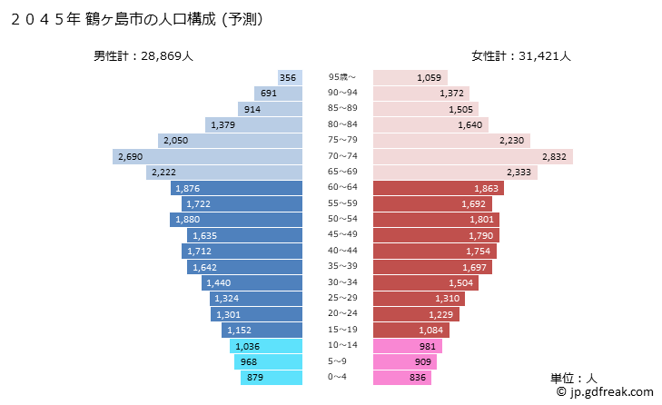 グラフ 鶴ヶ島市(ﾂﾙｶﾞｼﾏｼ 埼玉県)の人口と世帯 2045年の人口ピラミッド（予測）
