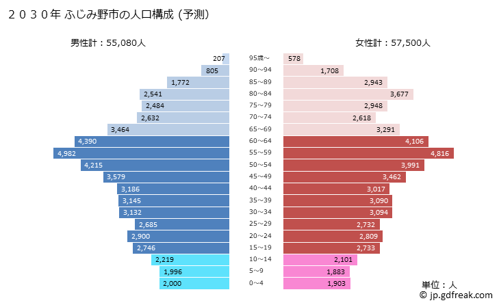 グラフ ふじみ野市(ﾌｼﾞﾐﾉｼ 埼玉県)の人口と世帯 2030年の人口ピラミッド（予測）