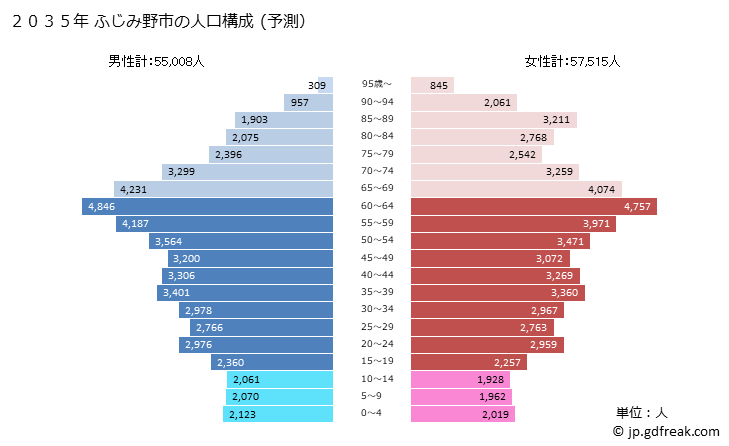 グラフ ふじみ野市(ﾌｼﾞﾐﾉｼ 埼玉県)の人口と世帯 2035年の人口ピラミッド（予測）
