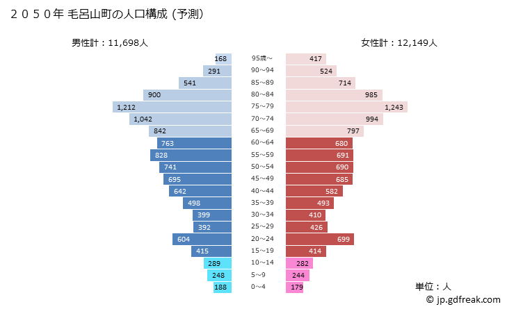 グラフ 毛呂山町(ﾓﾛﾔﾏﾏﾁ 埼玉県)の人口と世帯 2050年の人口ピラミッド（予測）