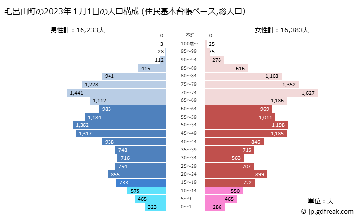 グラフ 毛呂山町(ﾓﾛﾔﾏﾏﾁ 埼玉県)の人口と世帯 2023年の人口ピラミッド（住民基本台帳ベース）