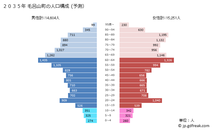 グラフ 毛呂山町(ﾓﾛﾔﾏﾏﾁ 埼玉県)の人口と世帯 2035年の人口ピラミッド（予測）