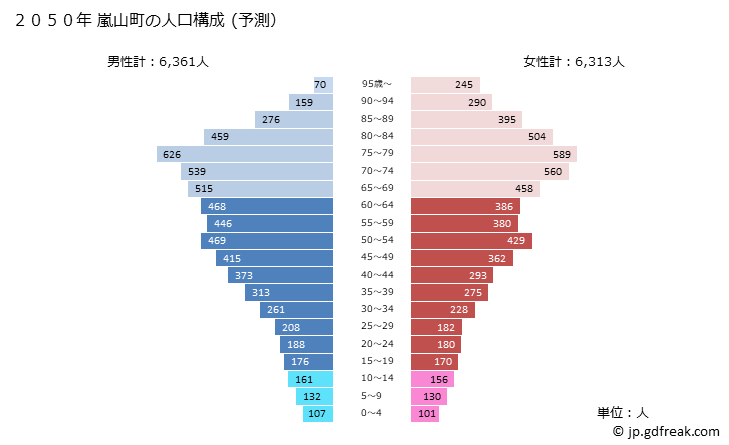 グラフ 嵐山町(ﾗﾝｻﾞﾝﾏﾁ 埼玉県)の人口と世帯 2050年の人口ピラミッド（予測）