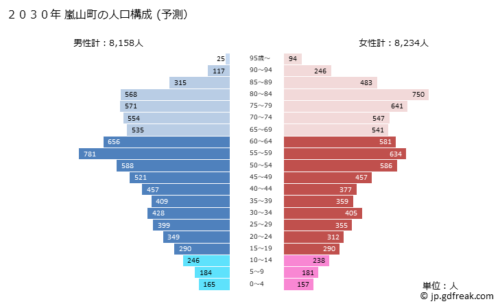 グラフ 嵐山町(ﾗﾝｻﾞﾝﾏﾁ 埼玉県)の人口と世帯 2030年の人口ピラミッド（予測）