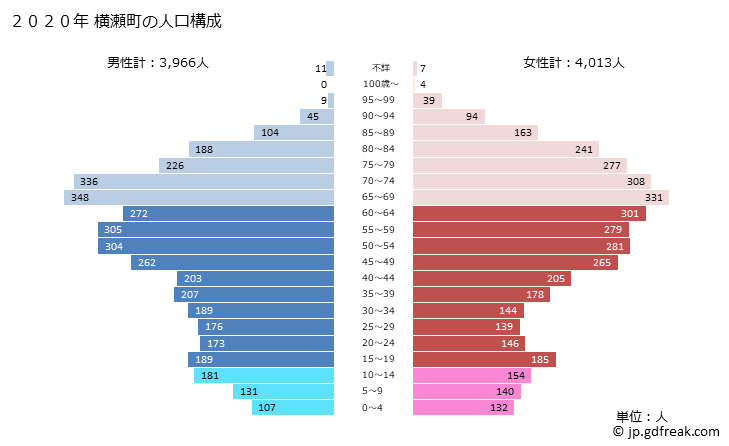 グラフ 横瀬町(ﾖｺｾﾞﾏﾁ 埼玉県)の人口と世帯 2020年の人口ピラミッド