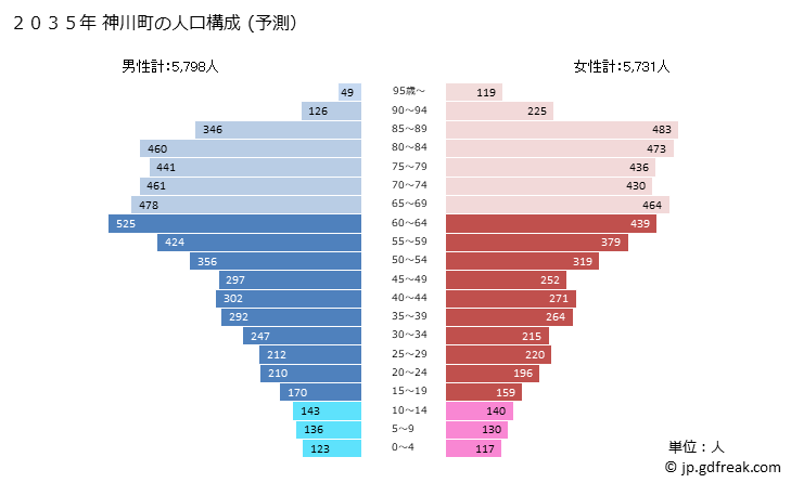 グラフ 神川町(ｶﾐｶﾜﾏﾁ 埼玉県)の人口と世帯 2035年の人口ピラミッド（予測）