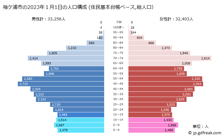 グラフ 袖ケ浦市(ｿﾃﾞｶﾞｳﾗｼ 千葉県)の人口と世帯 2023年の人口ピラミッド（住民基本台帳ベース）