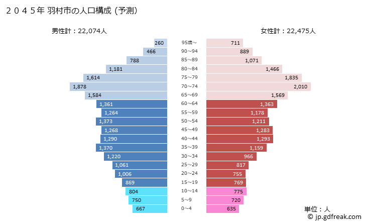 グラフ 羽村市(ﾊﾑﾗｼ 東京都)の人口と世帯 2045年の人口ピラミッド（予測）