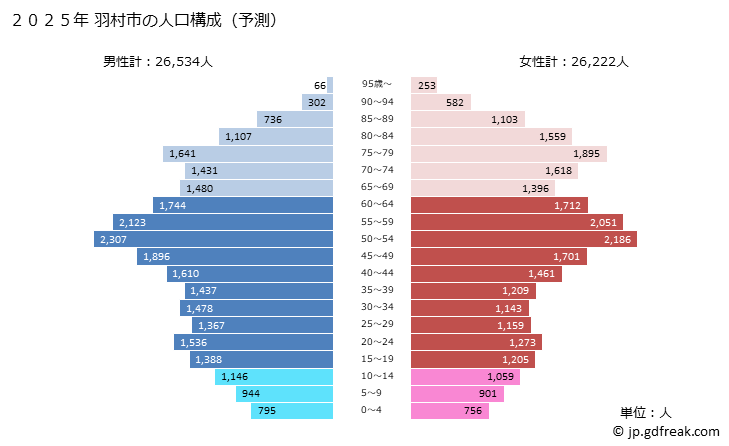 グラフ 羽村市(ﾊﾑﾗｼ 東京都)の人口と世帯 2025年の人口ピラミッド