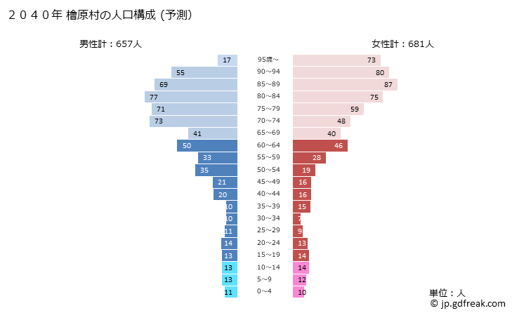 グラフ 檜原村(ﾋﾉﾊﾗﾑﾗ 東京都)の人口と世帯 2040年の人口ピラミッド（予測）