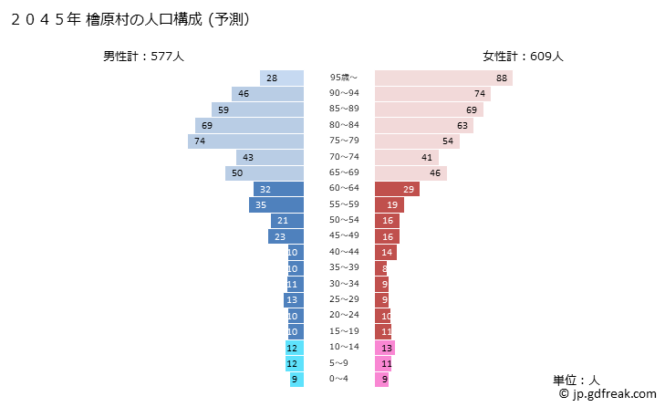 グラフ 檜原村(ﾋﾉﾊﾗﾑﾗ 東京都)の人口と世帯 2045年の人口ピラミッド（予測）