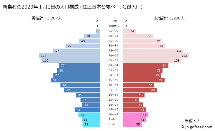 グラフ 新島村(ﾆｲｼﾞﾏﾑﾗ 東京都)の人口と世帯 2023年の人口ピラミッド（住民基本台帳ベース）