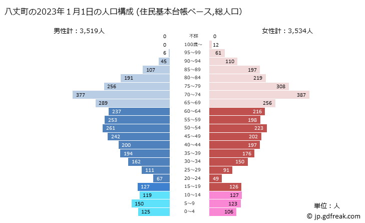 グラフ 八丈町(ﾊﾁｼﾞｮｳﾏﾁ 東京都)の人口と世帯 2023年の人口ピラミッド（住民基本台帳ベース）