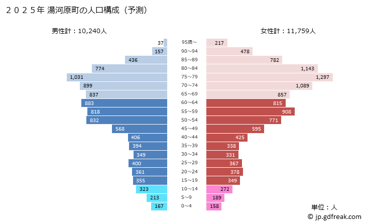 グラフ 湯河原町(ﾕｶﾞﾜﾗﾏﾁ 神奈川県)の人口と世帯 2025年の人口ピラミッド