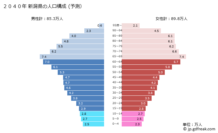 グラフ 新潟県の人口と世帯 2040年の人口ピラミッド（予測）