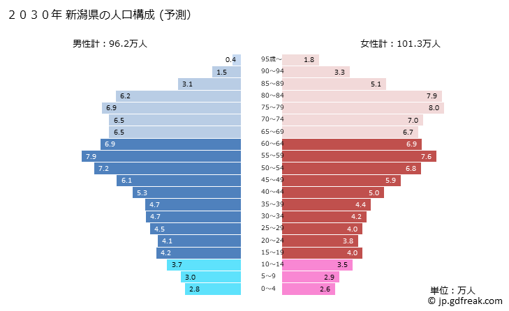 グラフ 新潟県の人口と世帯 2030年の人口ピラミッド（予測）