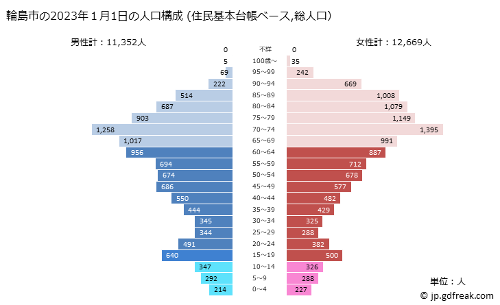 グラフ 輪島市(ﾜｼﾞﾏｼ 石川県)の人口と世帯 2023年の人口ピラミッド（住民基本台帳ベース）