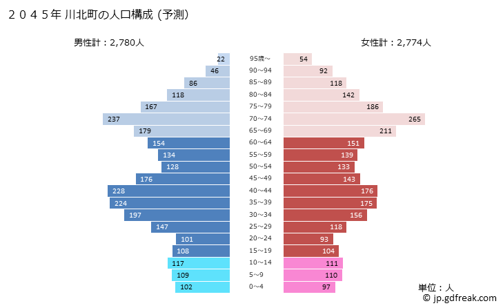 グラフ 川北町(ｶﾜｷﾀﾏﾁ 石川県)の人口と世帯 2045年の人口ピラミッド（予測）