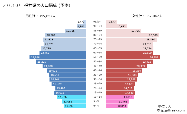 グラフ 福井県の人口と世帯 2030年の人口ピラミッド（予測）