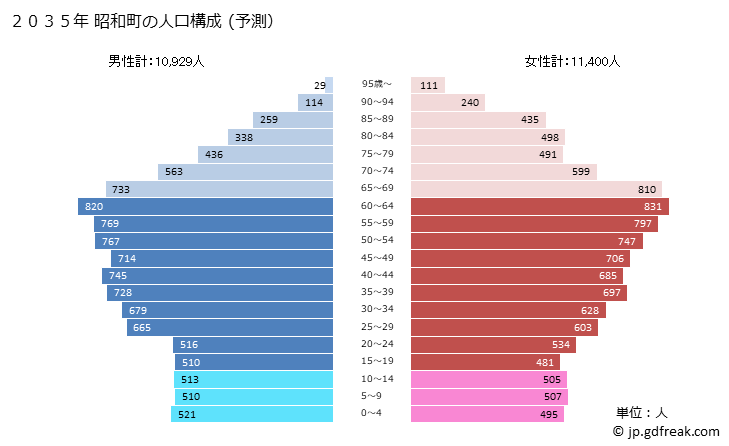 グラフ 昭和町(ｼｮｳﾜﾁｮｳ 山梨県)の人口と世帯 2035年の人口ピラミッド（予測）