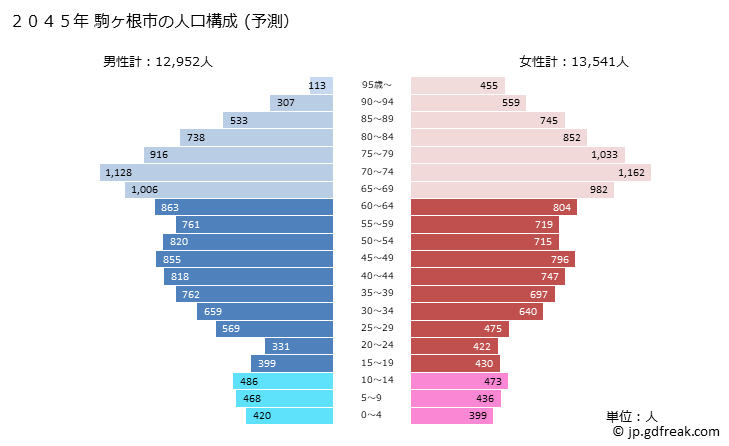 グラフ 駒ヶ根市(ｺﾏｶﾞﾈｼ 長野県)の人口と世帯 2045年の人口ピラミッド（予測）