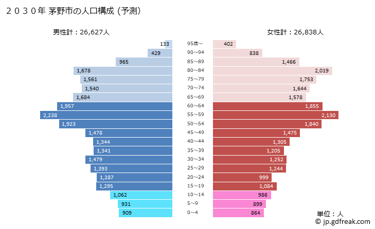 グラフ 茅野市(ﾁﾉｼ 長野県)の人口と世帯 2030年の人口ピラミッド（予測）