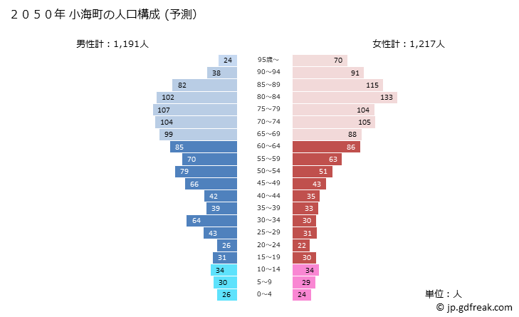 グラフ 小海町(ｺｳﾐﾏﾁ 長野県)の人口と世帯 2050年の人口ピラミッド（予測）