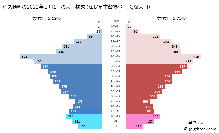 グラフ 佐久穂町(ｻｸﾎﾏﾁ 長野県)の人口と世帯 2023年の人口ピラミッド（住民基本台帳ベース）