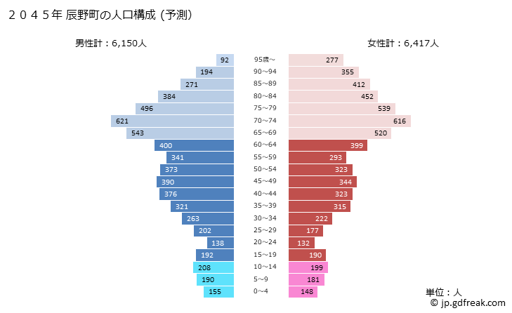 グラフ 辰野町(ﾀﾂﾉﾏﾁ 長野県)の人口と世帯 2045年の人口ピラミッド（予測）