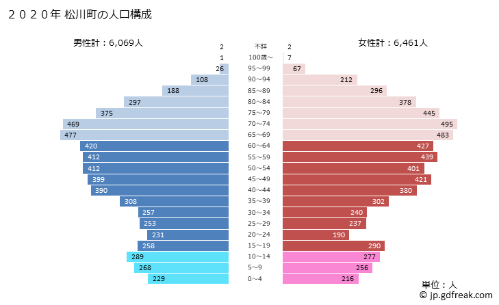 グラフ 松川町(ﾏﾂｶﾜﾏﾁ 長野県)の人口と世帯 2020年の人口ピラミッド