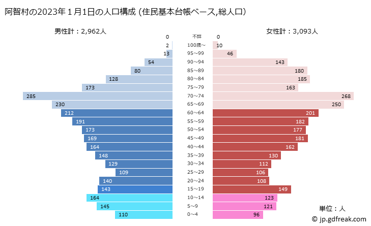 グラフ 阿智村(ｱﾁﾑﾗ 長野県)の人口と世帯 2023年の人口ピラミッド（住民基本台帳ベース）