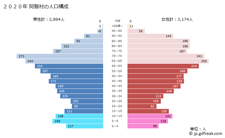 グラフ 阿智村(ｱﾁﾑﾗ 長野県)の人口と世帯 2020年の人口ピラミッド