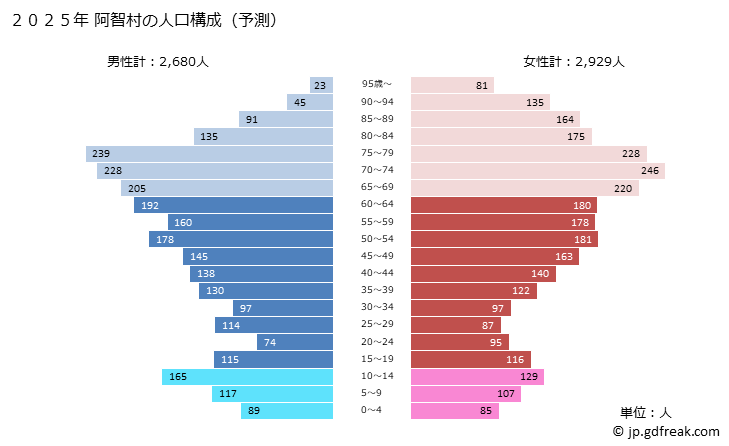 グラフ 阿智村(ｱﾁﾑﾗ 長野県)の人口と世帯 2025年の人口ピラミッド