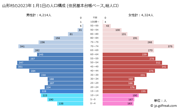 グラフ 山形村(ﾔﾏｶﾞﾀﾑﾗ 長野県)の人口と世帯 2023年の人口ピラミッド（住民基本台帳ベース）
