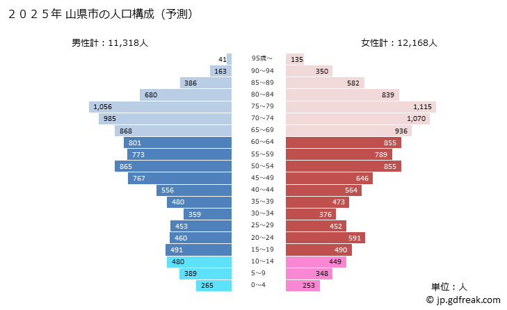 グラフ 山県市(ﾔﾏｶﾞﾀｼ 岐阜県)の人口と世帯 2025年の人口ピラミッド
