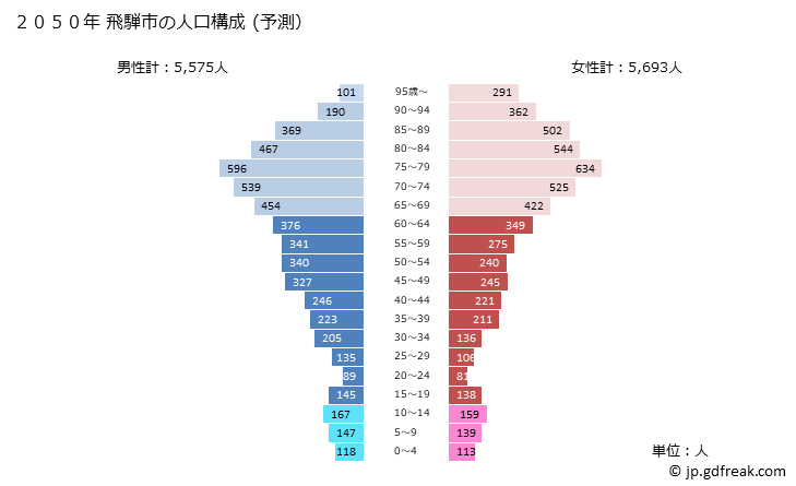 グラフ 飛騨市(ﾋﾀﾞｼ 岐阜県)の人口と世帯 2050年の人口ピラミッド（予測）
