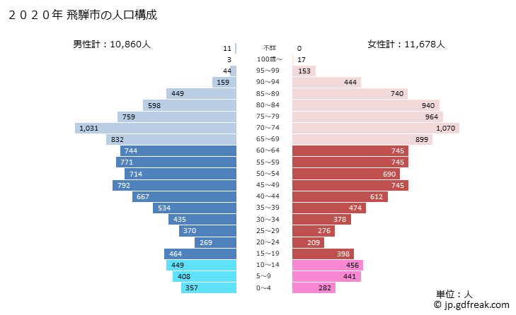 グラフ 飛騨市(ﾋﾀﾞｼ 岐阜県)の人口と世帯 2020年の人口ピラミッド