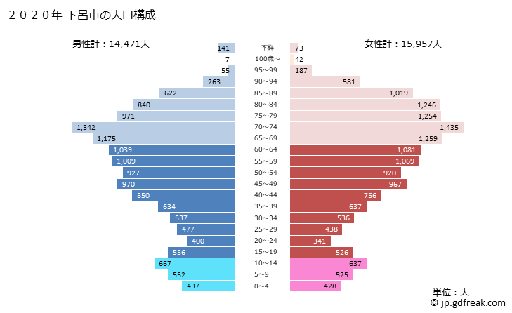 グラフ 下呂市(ｹﾞﾛｼ 岐阜県)の人口と世帯 2020年の人口ピラミッド