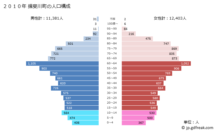 グラフ 揖斐川町(ｲﾋﾞｶﾞﾜﾁｮｳ 岐阜県)の人口と世帯 2010年の人口ピラミッド