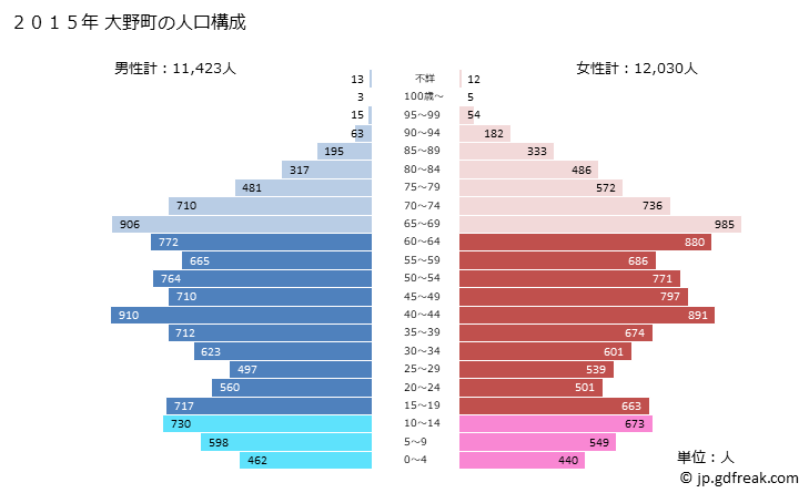 グラフ 大野町(ｵｵﾉﾁｮｳ 岐阜県)の人口と世帯 2015年の人口ピラミッド