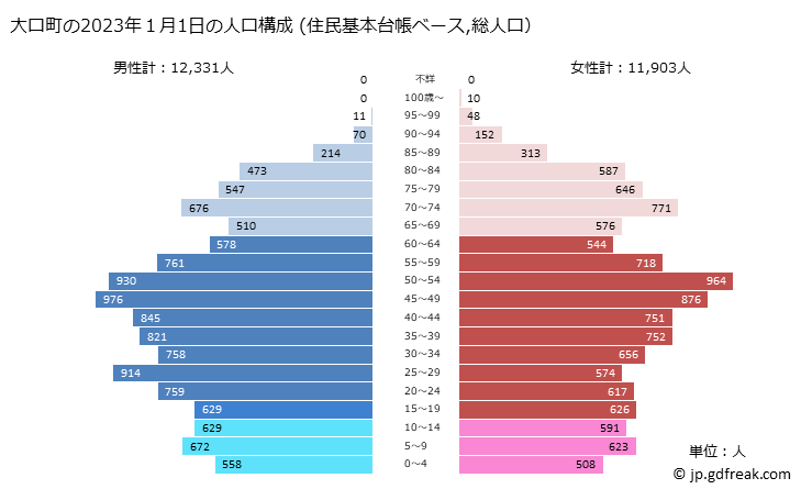 グラフ 大口町(ｵｵｸﾞﾁﾁｮｳ 愛知県)の人口と世帯 2023年の人口ピラミッド（住民基本台帳ベース）