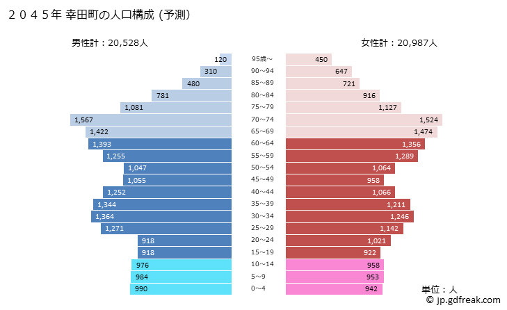 グラフ 幸田町(ｺｳﾀﾁｮｳ 愛知県)の人口と世帯 2045年の人口ピラミッド（予測）