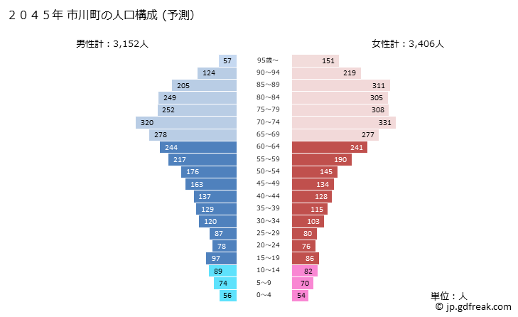 グラフ 市川町(ｲﾁｶﾜﾁｮｳ 兵庫県)の人口と世帯 2045年の人口ピラミッド（予測）