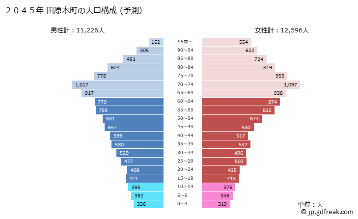 グラフ 田原本町(ﾀﾜﾗﾓﾄﾁｮｳ 奈良県)の人口と世帯 2045年の人口ピラミッド（予測）