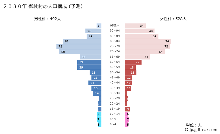 グラフ 御杖村(ﾐﾂｴﾑﾗ 奈良県)の人口と世帯 2030年の人口ピラミッド（予測）