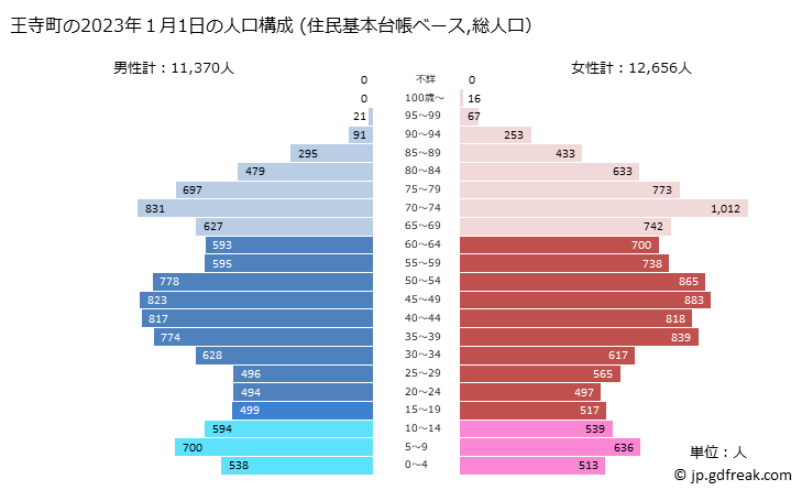 グラフ 王寺町(ｵｳｼﾞﾁｮｳ 奈良県)の人口と世帯 2023年の人口ピラミッド（住民基本台帳ベース）