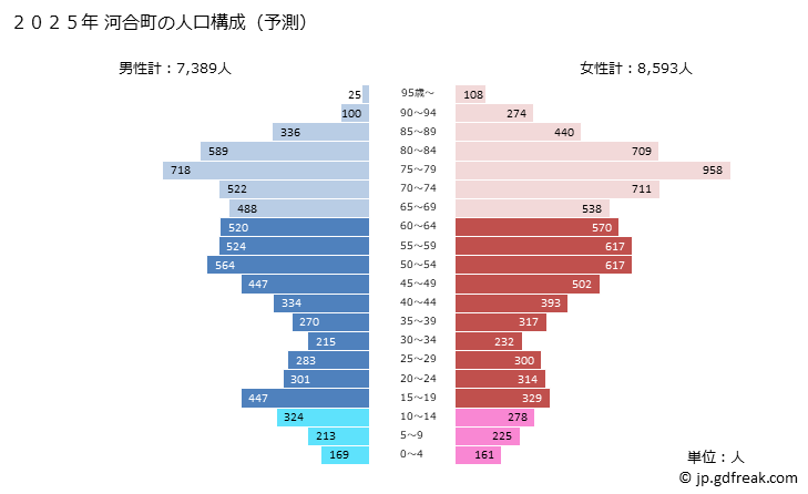 グラフ 河合町(ｶﾜｲﾁｮｳ 奈良県)の人口と世帯 2025年の人口ピラミッド