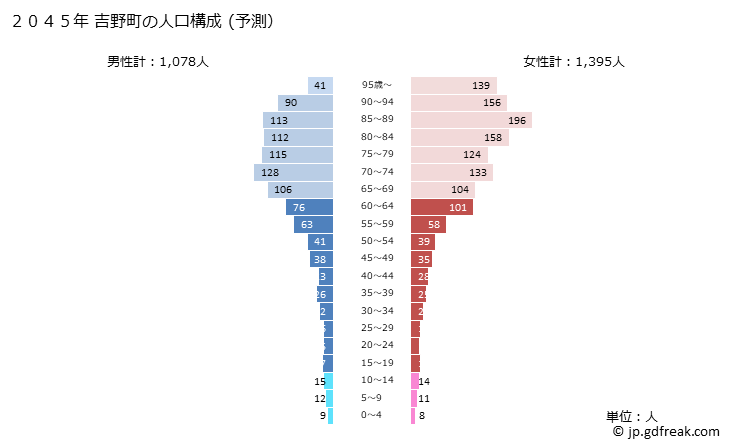 グラフ 吉野町(ﾖｼﾉﾁｮｳ 奈良県)の人口と世帯 2045年の人口ピラミッド（予測）